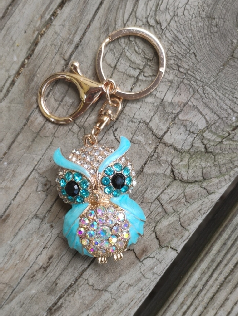 Turquoise Crystal Owl Bag Charm Keychain